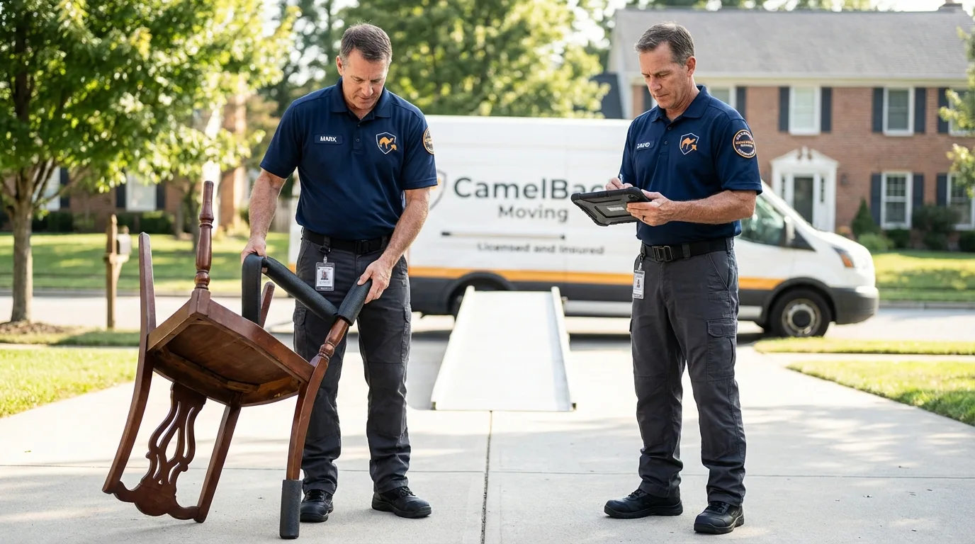 Movers inspecting furniture for damage prevention before loading in Mount Vernon, WA