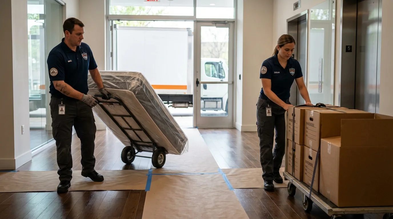 Professional apartment movers loading elevator in Mount Vernon, WA